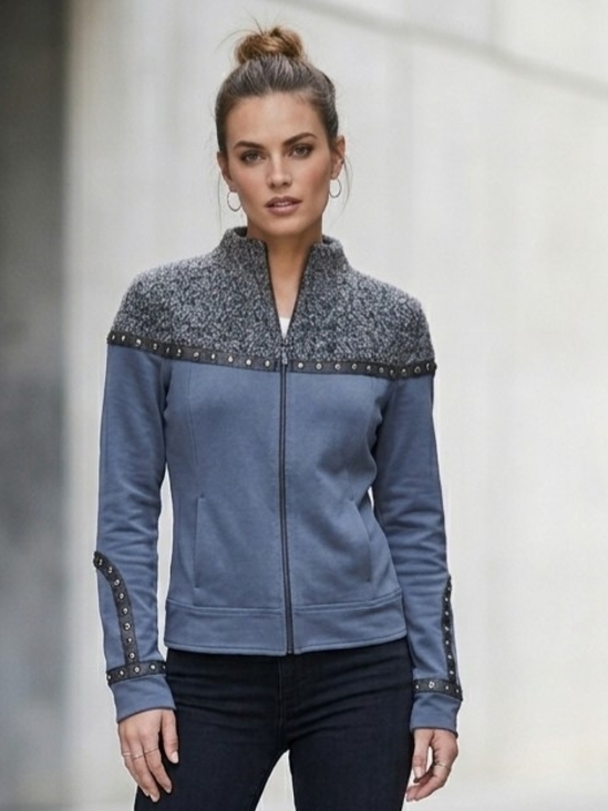 Joseph Ribkoff Jackets & Blazers - Joseph Ribkoff Grey Bomber Jacket with Gray Textured Yoke and Stud Trim Size 8